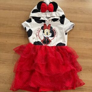 Disney Minnie Mouse Girls Hooded Dress Red Polka Dot Tulle Skirt Size M 7/8